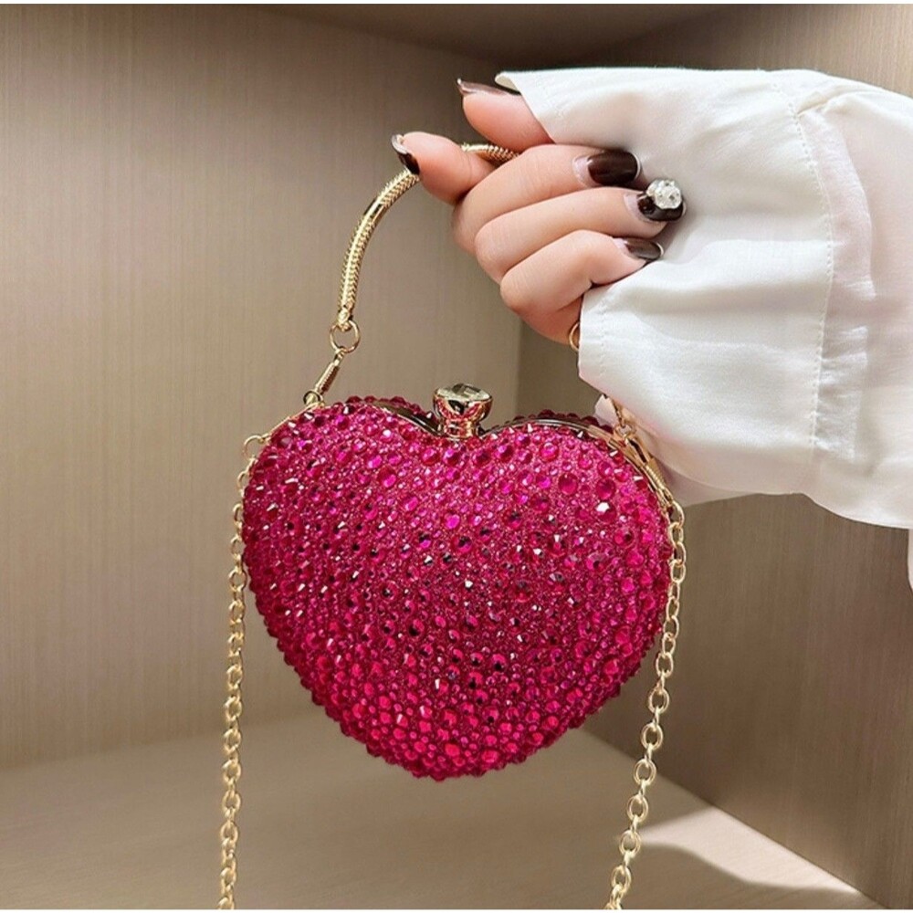 Women's Hot Pink Rhinestone Heart Clutch Bag Formal Evening Cocktail Purse NEW - Picture 10 of 14